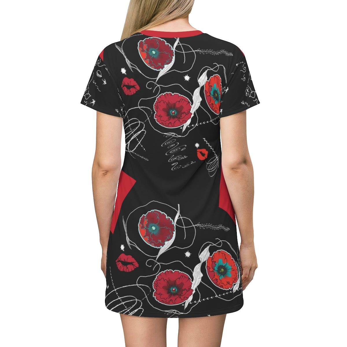 All Over Print T-Shirt Dress RUBY FLOWERS DOODLES ON BLACK