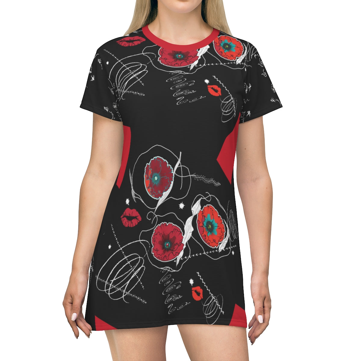 All Over Print T-Shirt Dress RUBY FLOWERS DOODLES ON BLACK