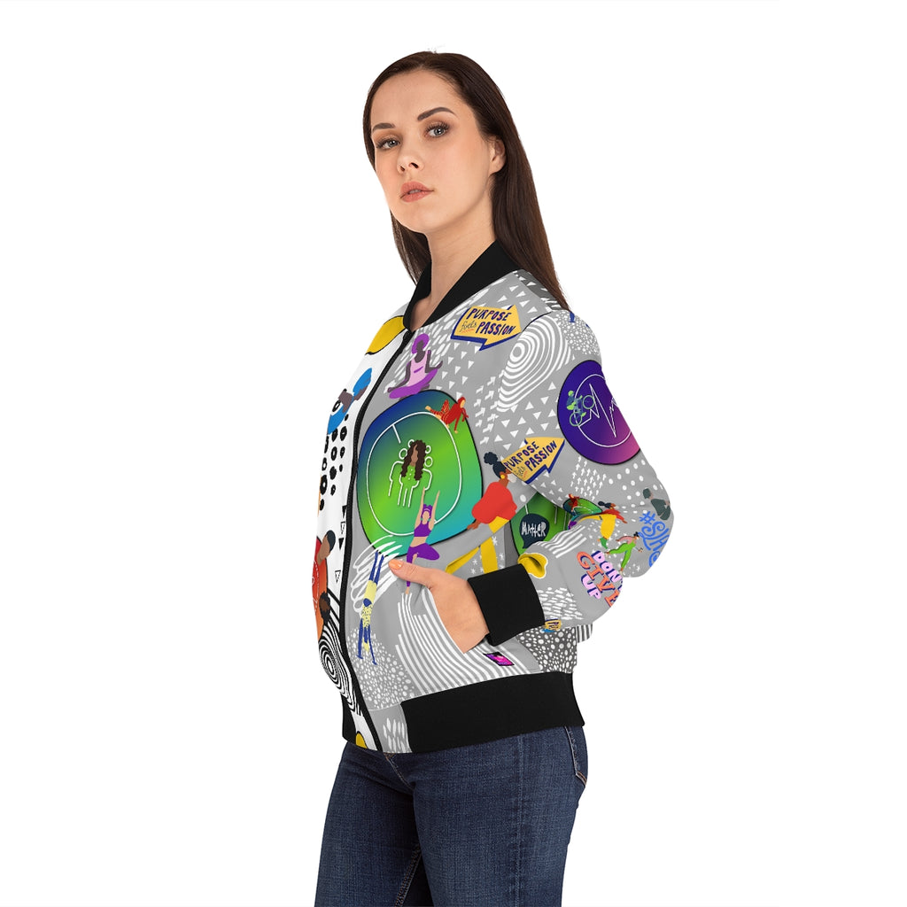 Women's Bomber Jacket (AOP) SLAY IN GREY