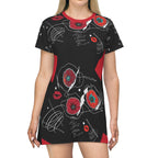 All Over Print T-Shirt Dress RUBY FLOWERS DOODLES ON BLACK